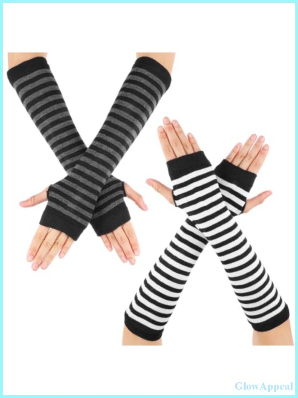 Striped Arm Warmers Long Fingerless Gloves Punk Gothic Retro Knit 2 Pairs